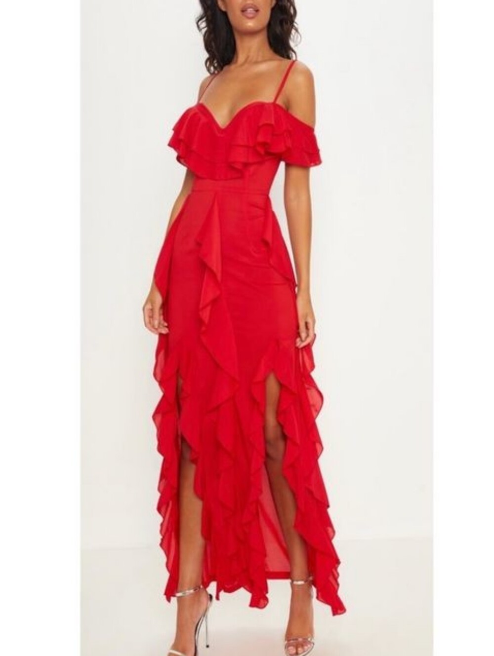 $130 NWT PRETTYLITTLETHING Red Cold Shoulder Ruffle Maxi Dress US 10